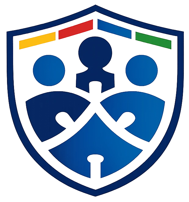 Shield emblem with a multi-colour ribbon banner reading Dyslexia in Defence